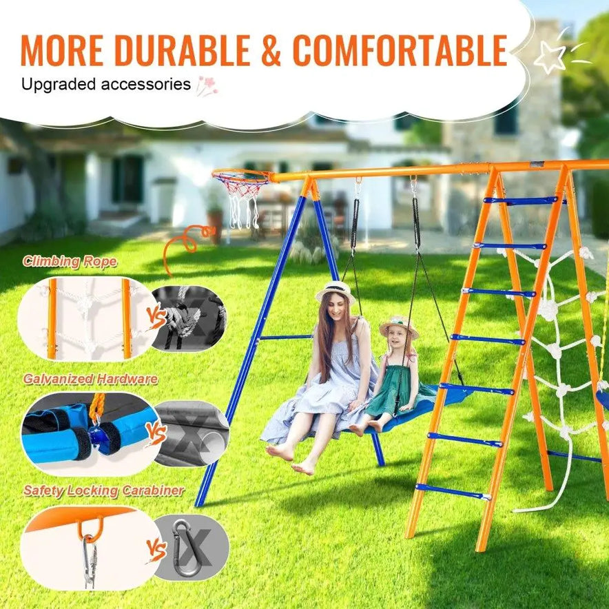Two children enjoy the for backyard 6 in 1 Metal Swing Set for Kids (440lbs capacity) in a grassy yard. Inset images highlight easy assembly, climbing rope, galvanized hardware, and a safety locking carabiner.