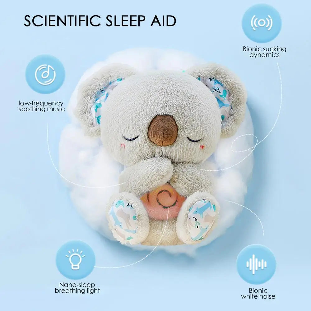 The Koala Night Light Plush Toy: Musical Sensory Sleep Aid for Newborns sits on a fluffy white surface, featuring soothing elements like low-frequency music, bionic sucking dynamics, and a nano-sleep breathing night light. Bionic white noise surrounds this calming companion against a light blue background.