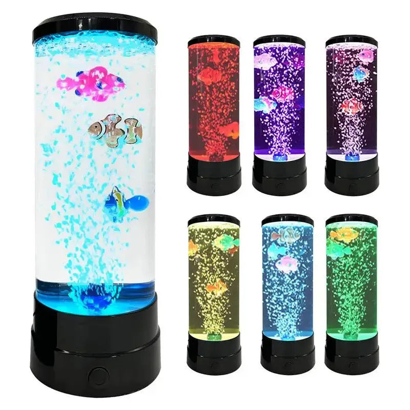 Seven Enchanting Bubble Fish Night Light Aquarium Lamps, set on black bases, feature vibrant color-changing effects with colorful fake fish and bubbles. Each lamp lights up with hues of blue, red, purple, multicolor, green, yellow, and rainbow to enhance any space.