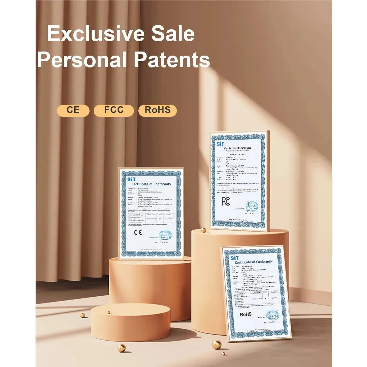 Certificates on cylindrical pedestals with CE, FCC, and RoHS badges. A USB rechargeable Touch Control LED Night Light Lamp subtly illuminates the beige minimalist interior as sunlight casts soft shadows. Text reads Exclusive Sale Personal Patents.