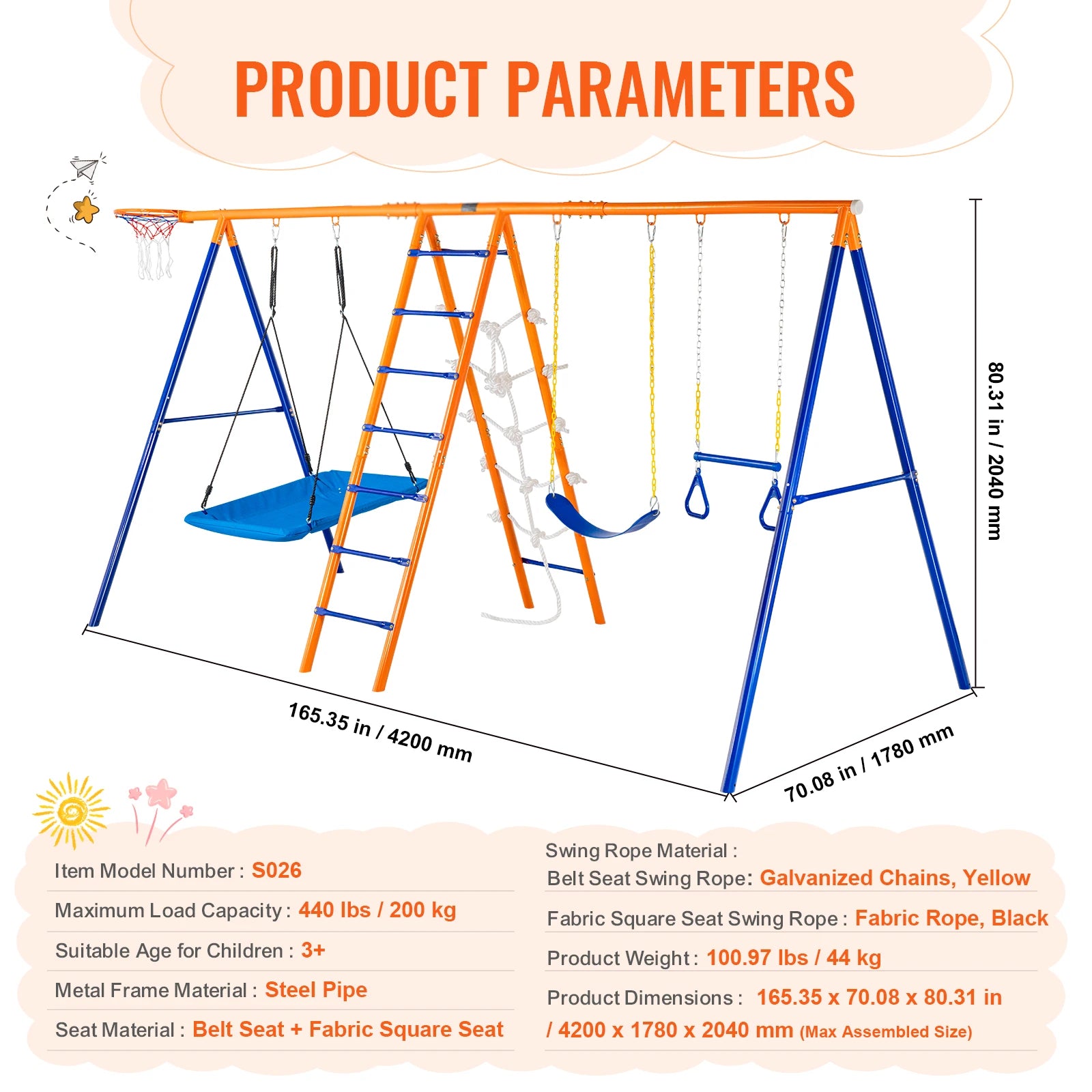 Presenting the Backyard Adventure Swing Set featuring a saucer and belt swings. Constructed durably with multiple swing options and a slide, it includes dimensions, capacity, and materials. Ideal for children aged 3+.