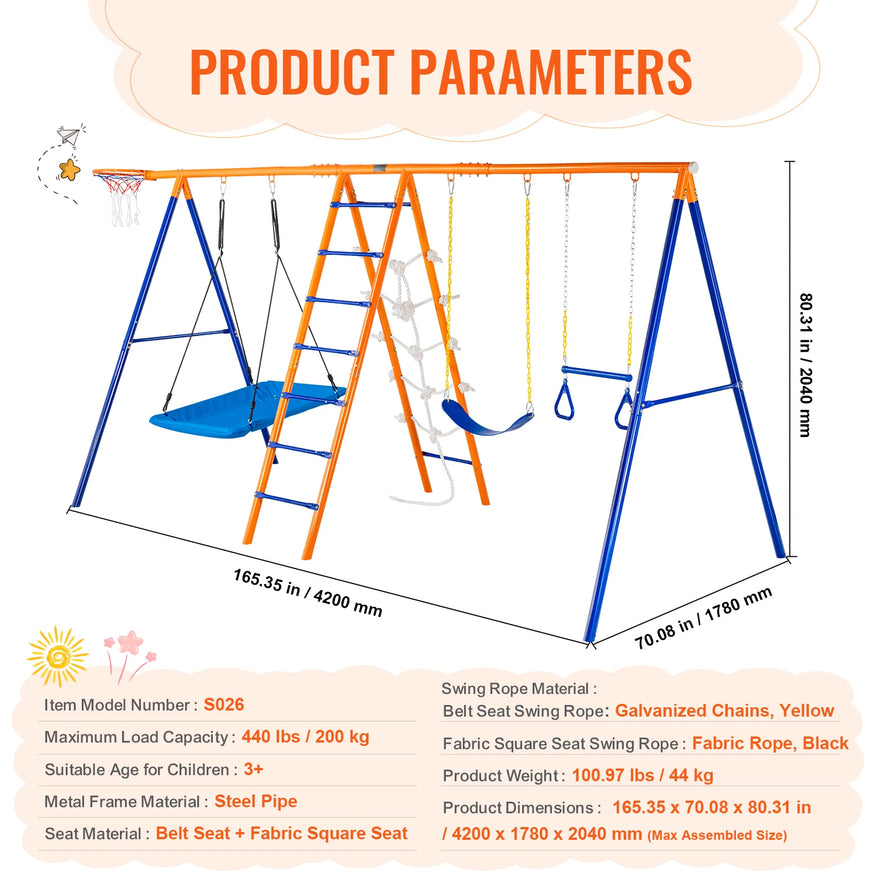 Presenting the Backyard Adventure Swing Set featuring a saucer and belt swings. Constructed durably with multiple swing options and a slide, it includes dimensions, capacity, and materials. Ideal for children aged 3+.