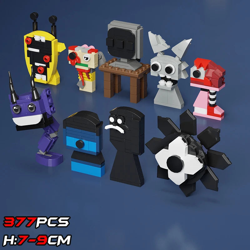 Ten colorful figures from the New Moc Incredibox Sprunki Building Blocks Set (377pcs) stand on a blue surface, each with unique shapes and facial expressions. Inspired by the horror anime music game, ideal for birthdays or Christmas gifts. H:7-9CM label shown.