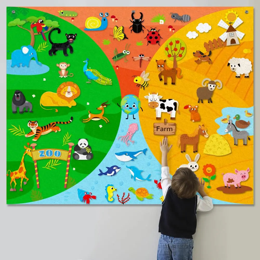 A young child points at the My Daily Calendar Farm Transportation Felt Story Board in Animal color, a Montessori toy with zoo and farm sections, cartoon animals like lions, cows, pandas, elephants, and vibrant landscape designs.