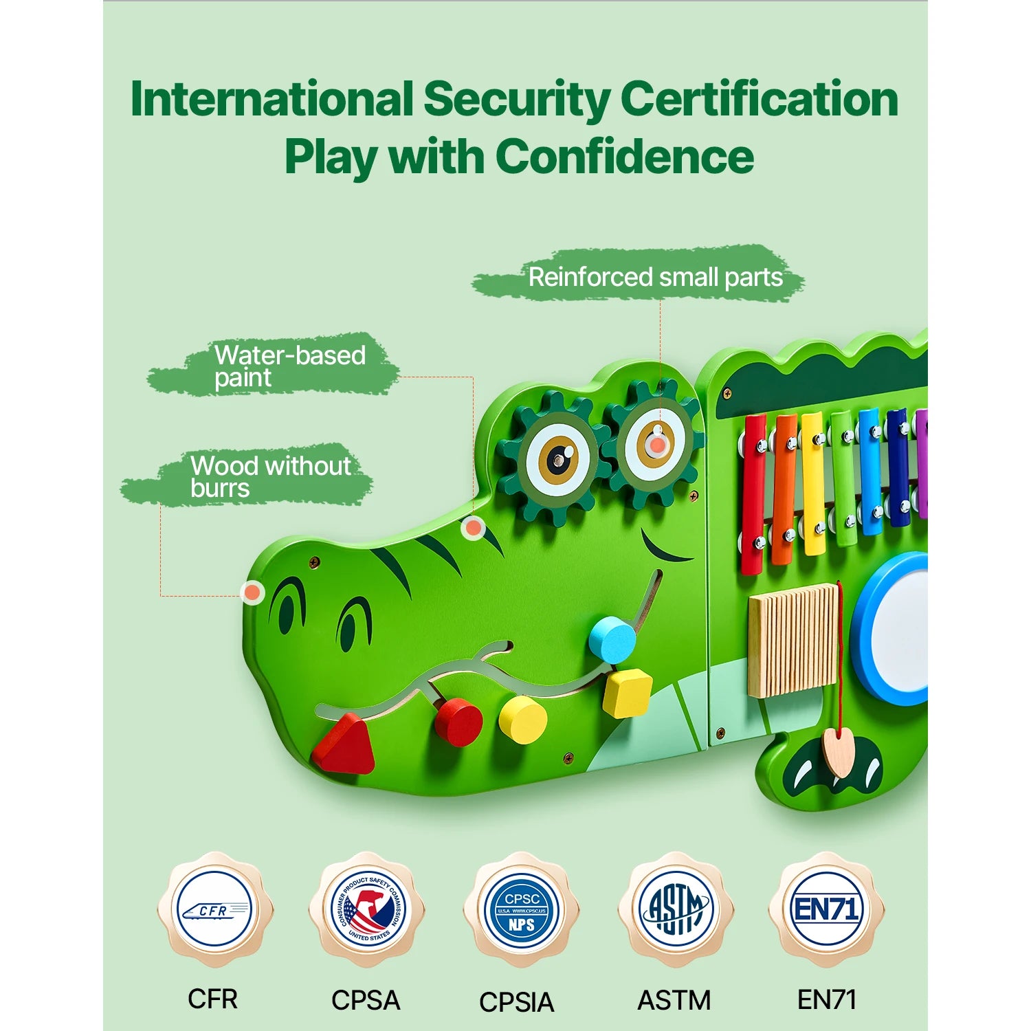 The Vevor 9 Activities Crocodile Busy Board features gears, a xylophone, and more to boost fine motor skills. It uses water-based paint, burr-free wood, reinforced parts, is safety certified, and supports Montessori early learning.