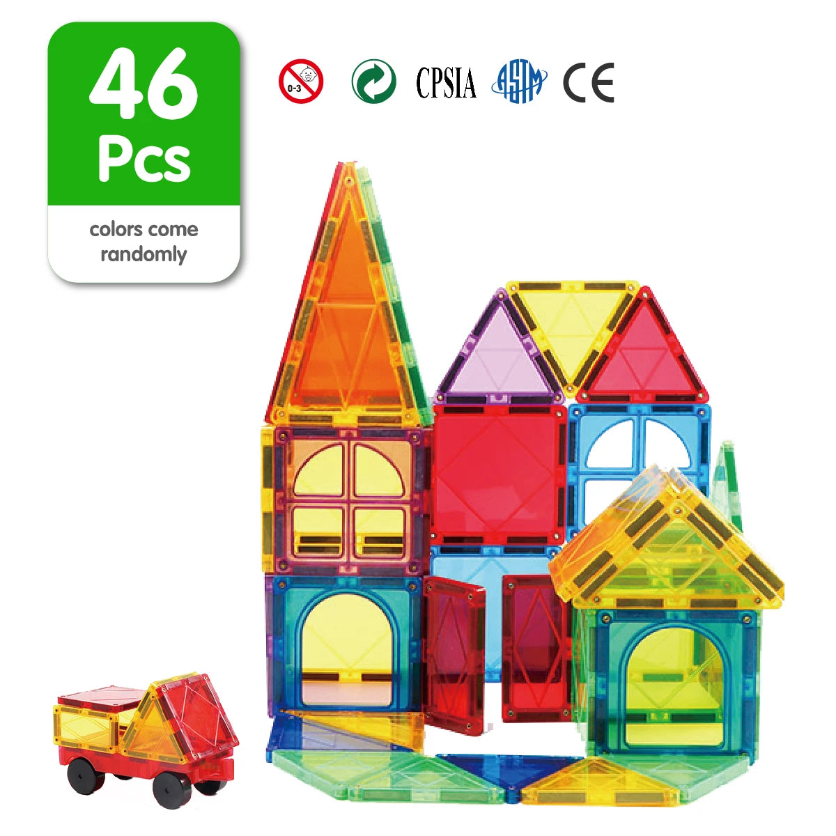 Explore the Magplayer Magnetic Construction Blocks for Kids, an educational DIY building set featuring 46 colorful pieces in various shapes. Perfect for creative play, this set includes car and house structures, providing limitless possibilities for STEM learning adventures.
