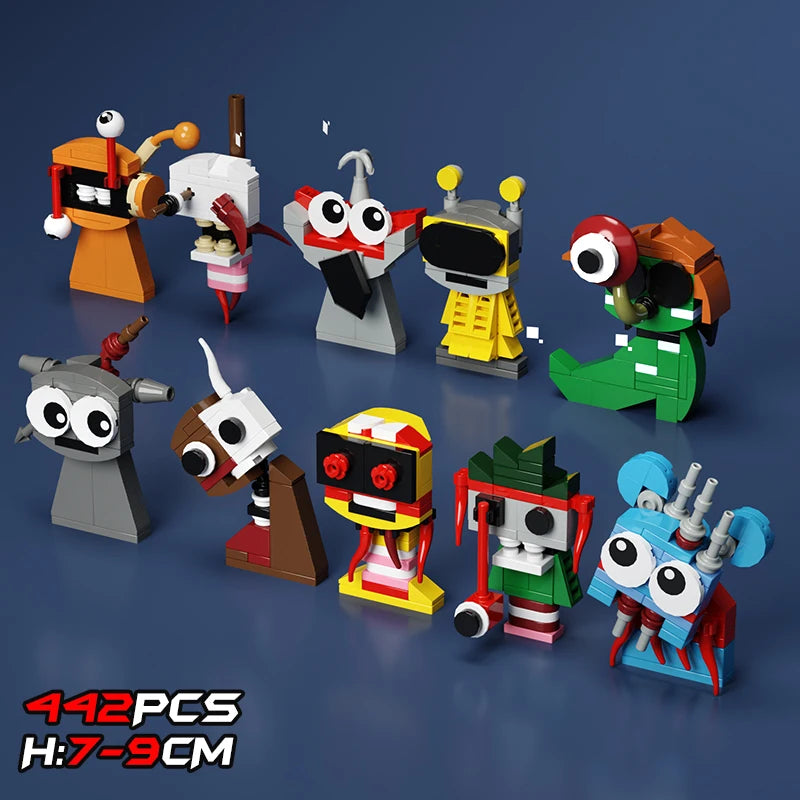 A set of 10 unique cartoon robot and monster figures built from the New Moc Incredibox Sprunki Building Blocks Set (442PCS), each 7-9cm tall with expressive eyes, displayed on blue. Perfect horror anime music game toy gift!.