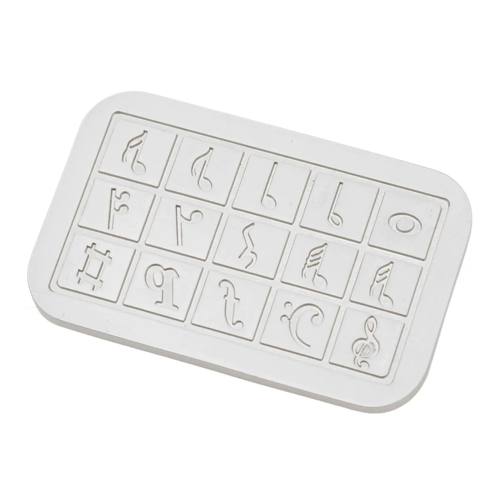 A white rectangular Fidget Clicker from Mainland China with 15 embossed boxes, each showing a unique symbol, on a chemical-free surface. Suitable for ages 6-12. Features magnetic, detachable alloy piano keys for tactile play.