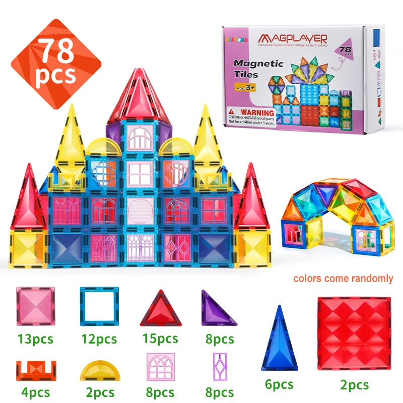 The Montessori Magnetic Building Blocks Set includes 78 colorful and educational magnetic pieces like squares, triangles, and arches for creating interactive structures such as castles and domes. The MAGPLAYER branding is on the box with some tiles shown separately along with their quantities.