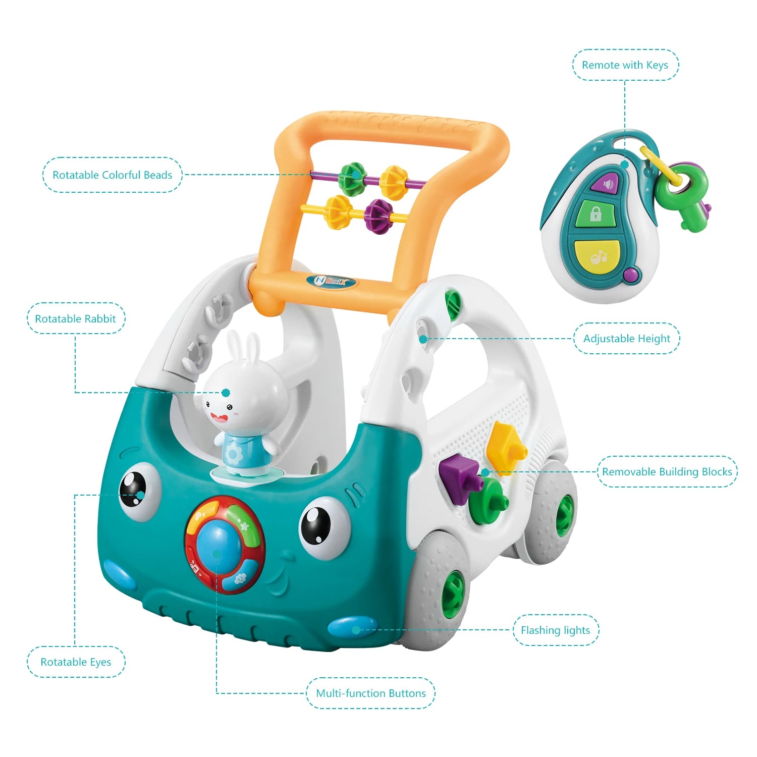 The EDUCIRO 4-in-1 Baby Walker for Boys and Girls is a colorful car-shaped walker with rotatable eyes, a bead handle, spinning rabbit, flashing lights, removable building blocks, remote control, and multi-function buttons.