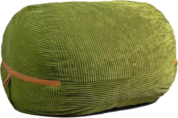 The Fuf XXL Foam Filled Bean Bag Chair in Moss Green, 6 feet long, features a plush corded oval design with a horizontal brown strap and removable cover, shown against a white background.