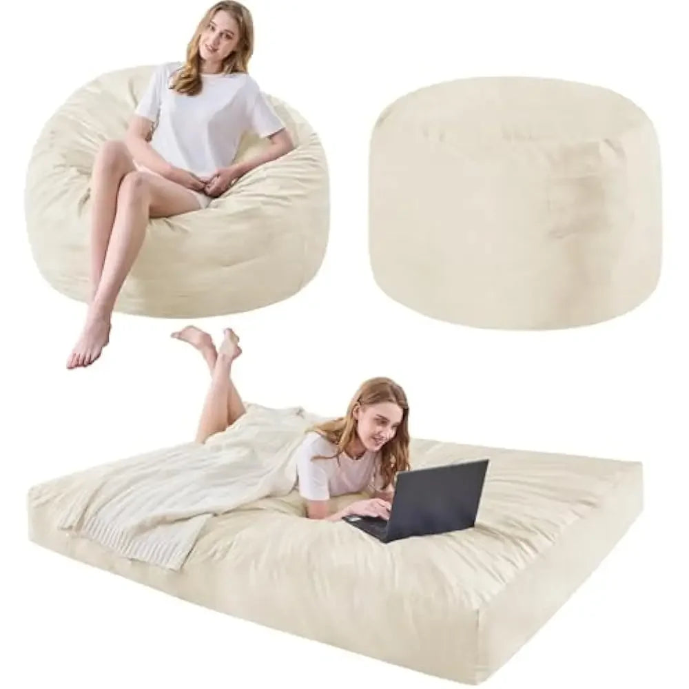 A woman uses the Full-Beige Bean Bag Chairs Convertible Bean Bag Bed—first as a seat, then lying on it with a laptop. A third image shows the round microfiber beanbag chair in its compact form.