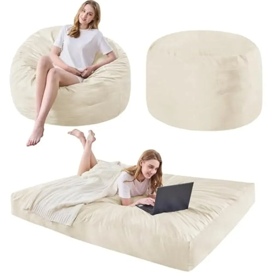 A woman uses the Full-Beige Bean Bag Chairs Convertible Bean Bag Bed—first as a seat, then lying on it with a laptop. A third image shows the round microfiber beanbag chair in its compact form.