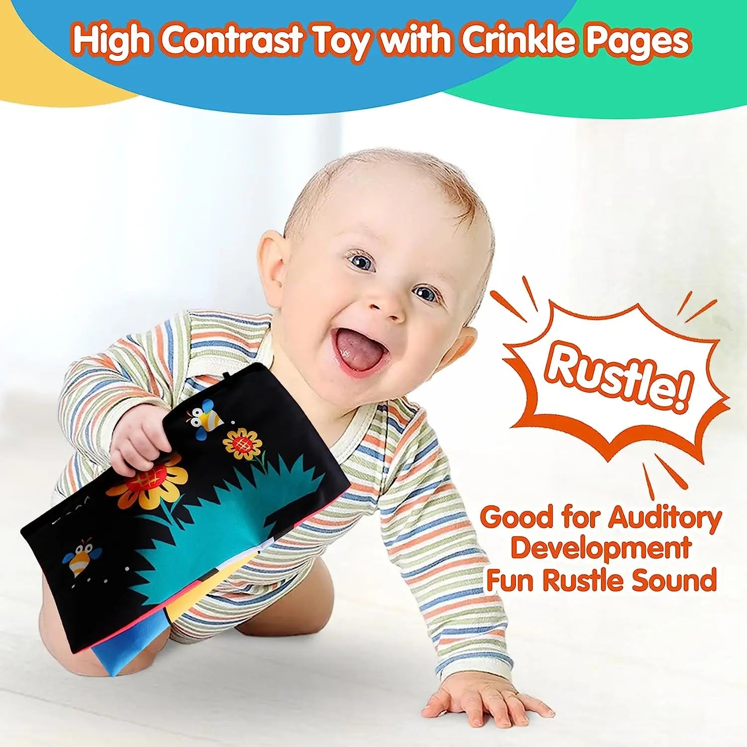 A baby smiles while exploring with the Crinkle Cloth Book Visual Stimulation Newborn Toys 0-3 Months. The vibrant book has crinkle pages, offering Fun Rustle Sound, ideal for auditory development. In a striped outfit, the baby enjoys sensory exploration and visual stimulation.