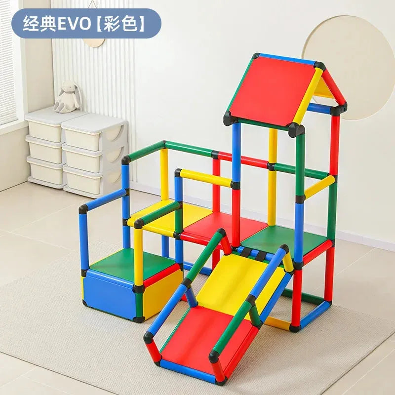 The Indoor Climbing Frame Set for Kids: Slide, Swing & Sensory Play Equipment, transforms any light-toned room into a vibrant play area with colorful interconnected red, green, yellow, and blue structures. It includes a small slide and platforms alongside storage units and decorative wall elements.