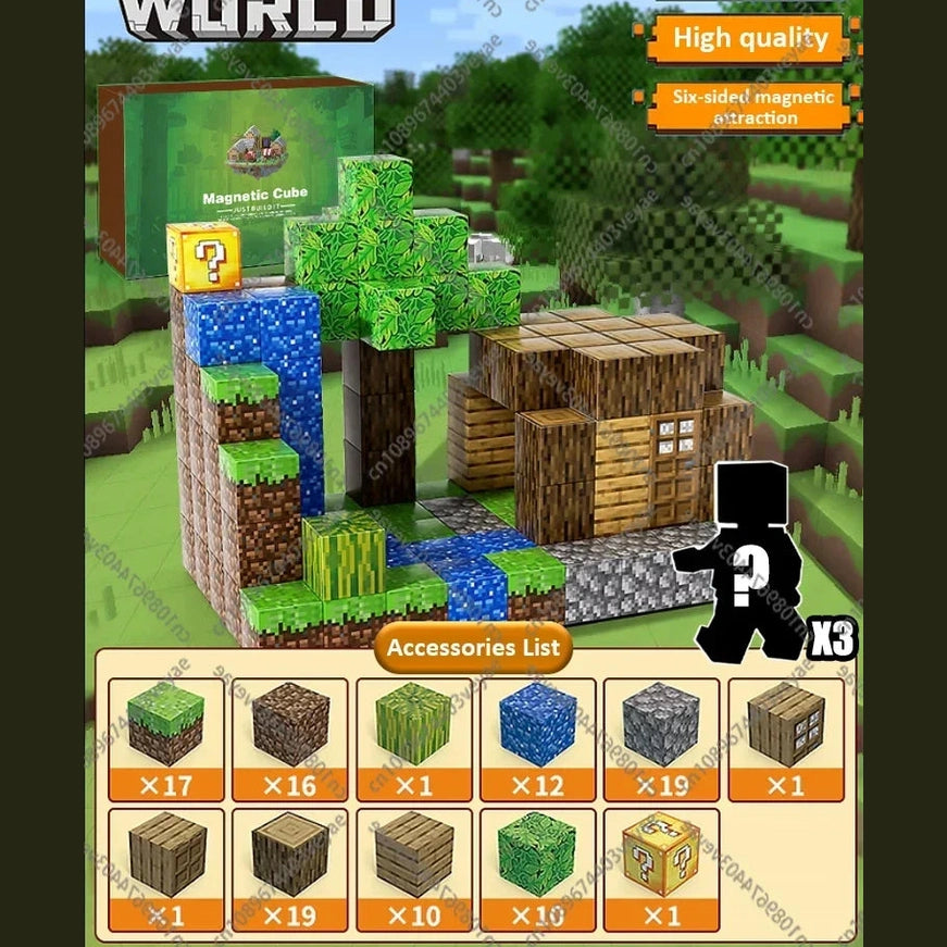 The Magnetic Building Blocks Mine World Magnet Cube Set (T079-107PCS) includes 107 pieces for ages 3+, featuring a blocky house, tree, waterfall, textured cubes, three figures, and accessories shown below the main image.