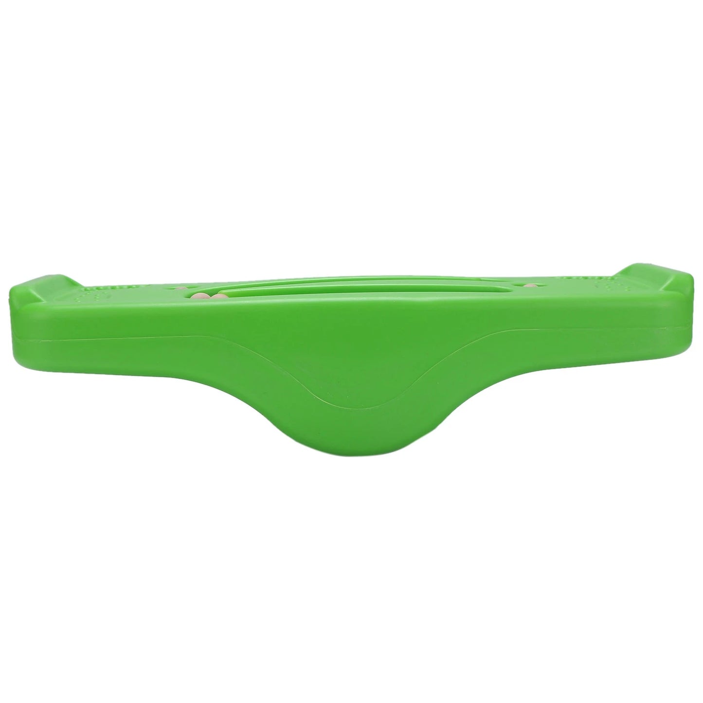 A green, symmetrical object with a curved center and flat ends is ideal for sensory play. Its smooth surface has two small indents, perfect as the Versatile Childrens Seesaw and Balance Board, made from durable plastic-like material, for indoor and outdoor fun.