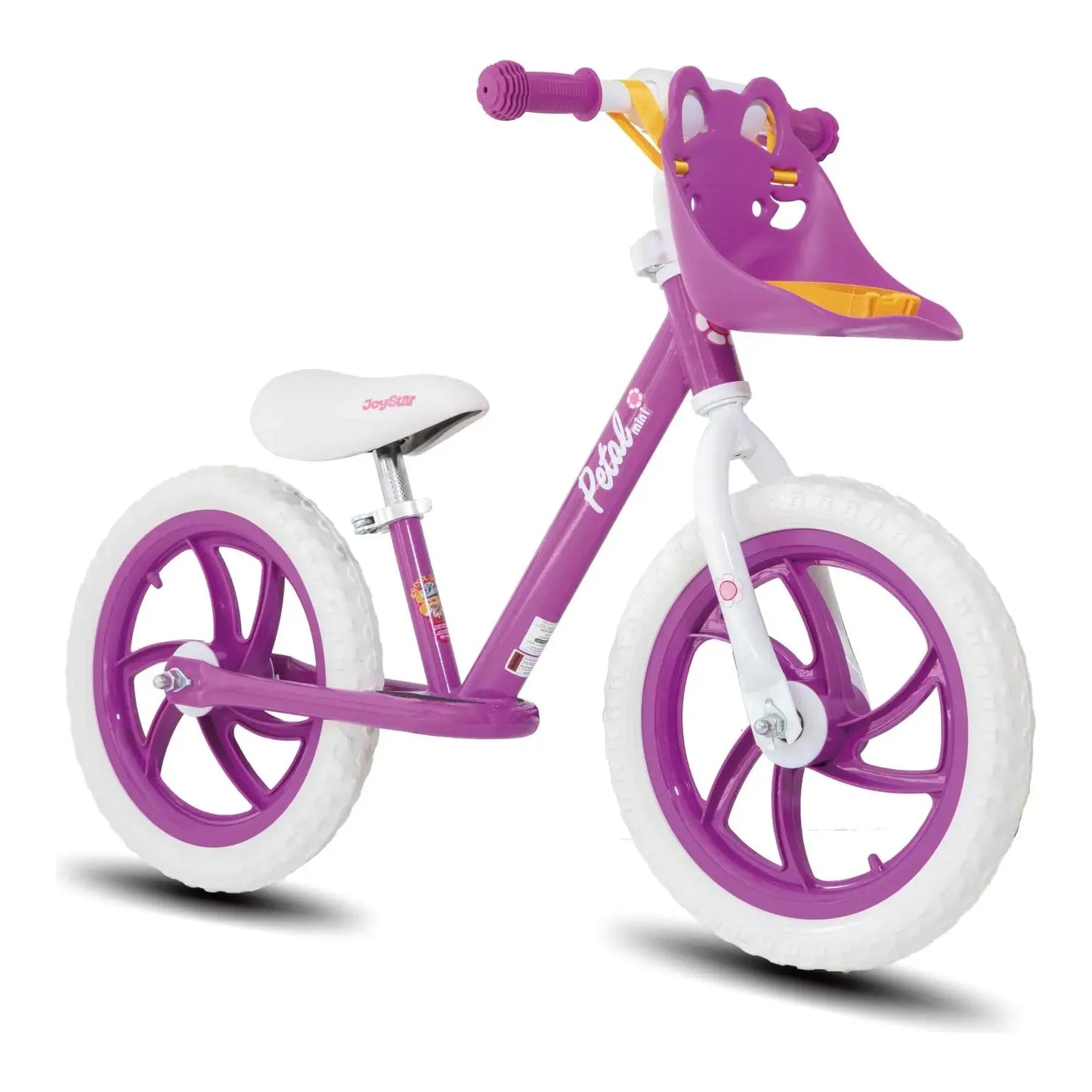 This lightweight kids balance bike in purple features white tires, a steel frame, and a seat. Purple grips on the handlebars complement the decorative character with yellow accents on the front, perfect for ages 18 months to 6 years. Free shipping in the US included.