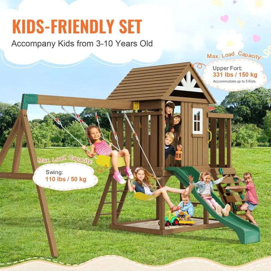 Kids play on the Wooden Swing Set 9 IN 1 Outdoor Playground Sets with a 6 FT slide, swings (110 lbs max), and upper fort (331 lbs max). Suitable for ages 3-10, up to 5 children. Chemical-free wood. Made in Mainland China.