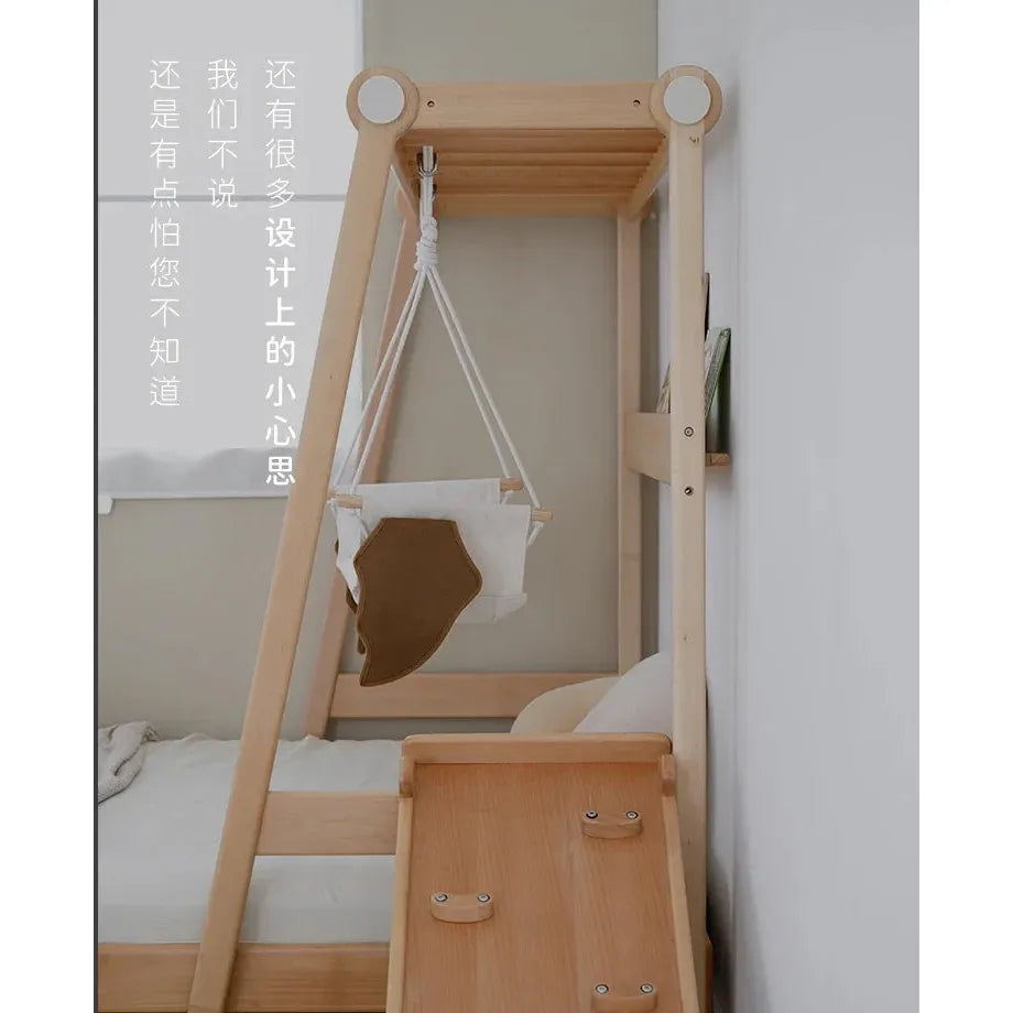The Versatile Solid Wood Childrens Bed with a climbing frame and swing features a slide, small hanging pouch, optional pull-out bed, all set against a light-colored wall with vertical Chinese text, creating a minimalistic and tidy room setting.