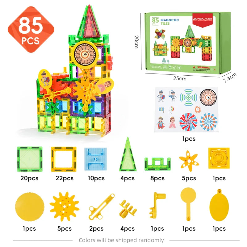 The image showcases the Magplayer Magnetic Building Blocks Construction Set, featuring 85 colorful educational pieces like gears, tiles, and wheels in various shapes. The package displays a completed model, lists each pieces quantity, and has a box image above. Perfect for kids play.