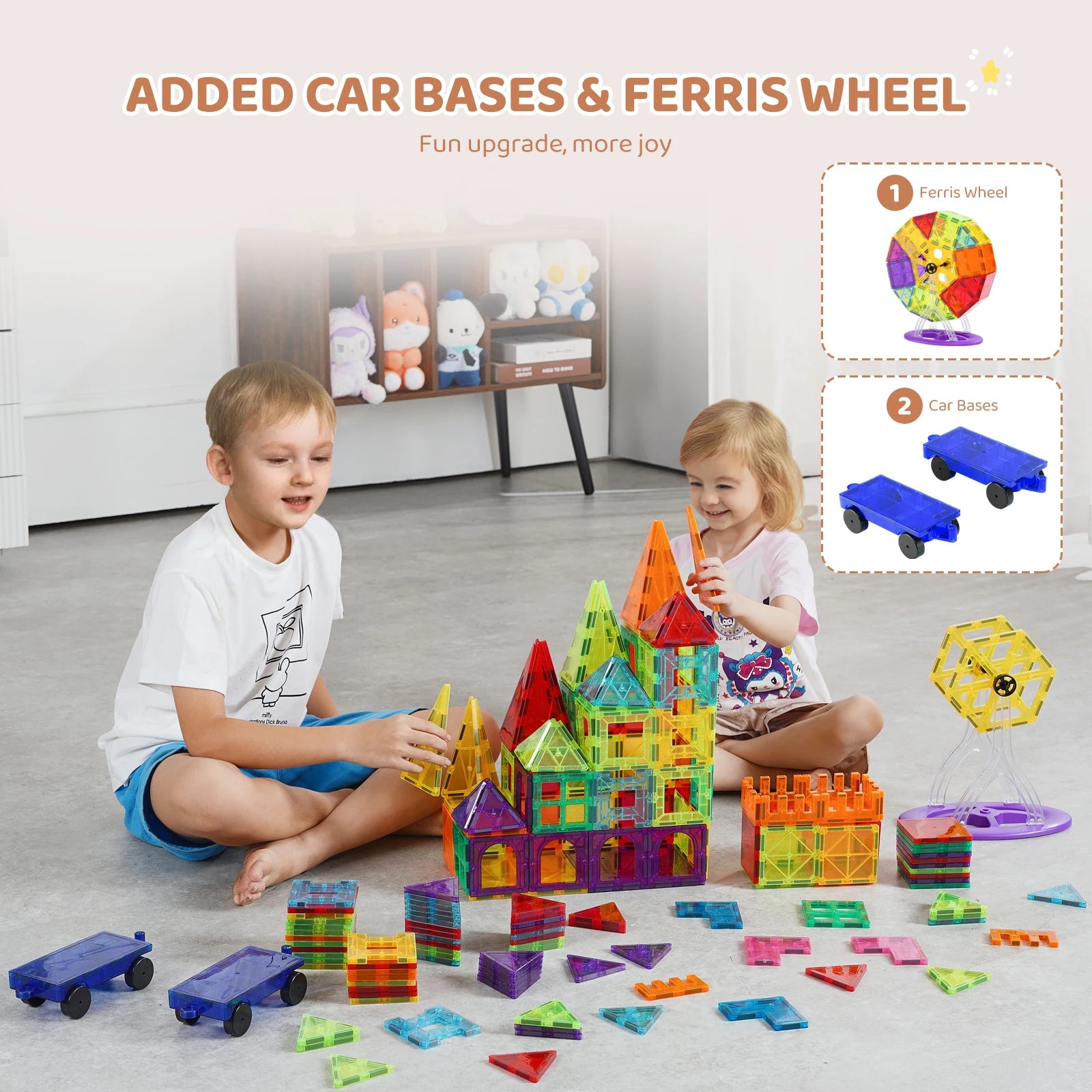 Two kids joyfully use the VEVOR 180PCS Magnetic Tile Building Set to create a colorful castle while a Ferris wheel stands complete nearby. Inset features new car bases and Ferris wheel parts to enhance STEM skills. A shelf in the background showcases various plush toys.