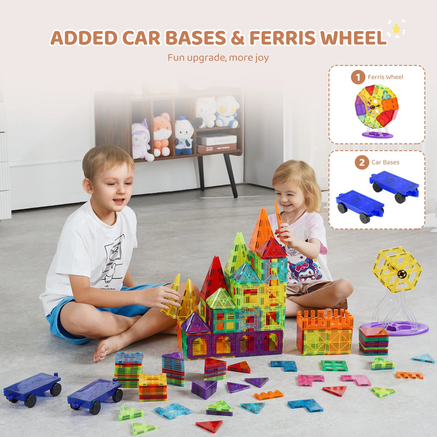 Two kids joyfully use the VEVOR 180PCS Magnetic Tile Building Set to create a colorful castle while a Ferris wheel stands complete nearby. Inset features new car bases and Ferris wheel parts to enhance STEM skills. A shelf in the background showcases various plush toys.
