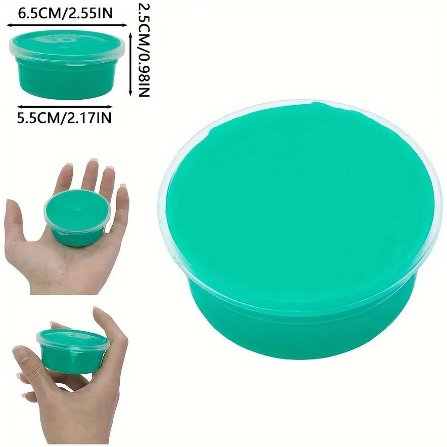 Three images showcase a dark green stretch lid. The main image highlights the lids non-sticky formula stretching over a container. The top left displays the lid alone, resembling smooth polymer putty, and the bottom left shows it in hand. Dimensions are provided.