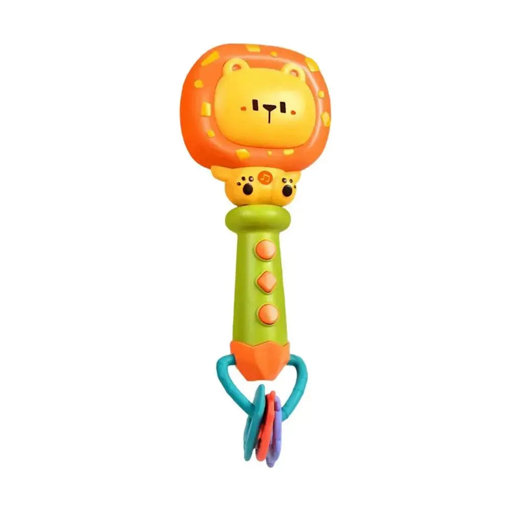 This engaging Musical Teething Rattle with LED Lights features an orange lion head with a face, a green handle with paw prints and buttons, and blue, red, and purple ring attachments, offering a colorful learning experience for babies.
