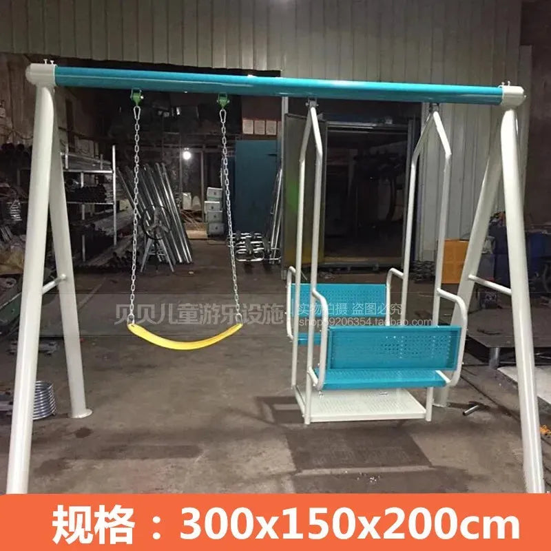 An Indoor steel climbing frame swing for childrens sensory integration includes one yellow chain swing and a blue and white platform swing. Placed on a concrete floor with metal materials in the backdrop, its dimensions are noted in Chinese at the bottom.