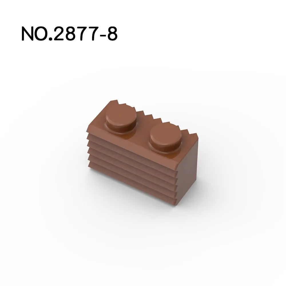 A set of 50 brown MOC Parts 2877 Brick Modified 1x2 with Grille Fluted Profile compatible with Lego is shown on a white background, ideal for building block activities. NO.2877-8 appears in black in the upper left corner.