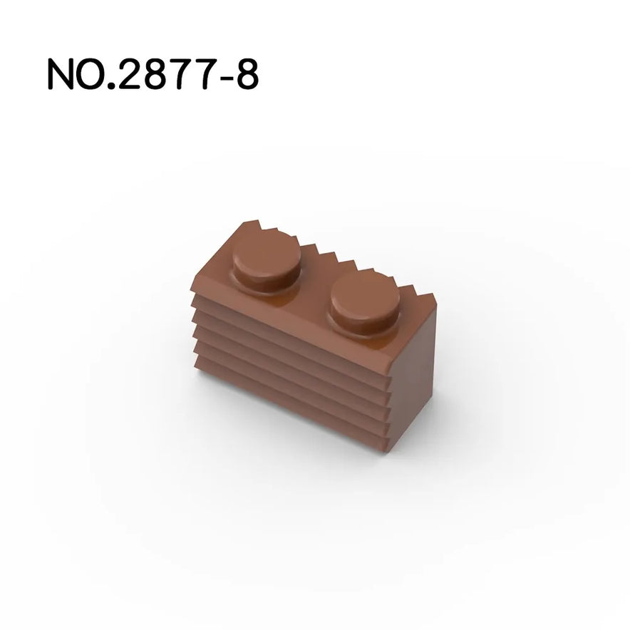 A set of 50 brown MOC Parts 2877 Brick Modified 1x2 with Grille Fluted Profile compatible with Lego is shown on a white background, ideal for building block activities. NO.2877-8 appears in black in the upper left corner.