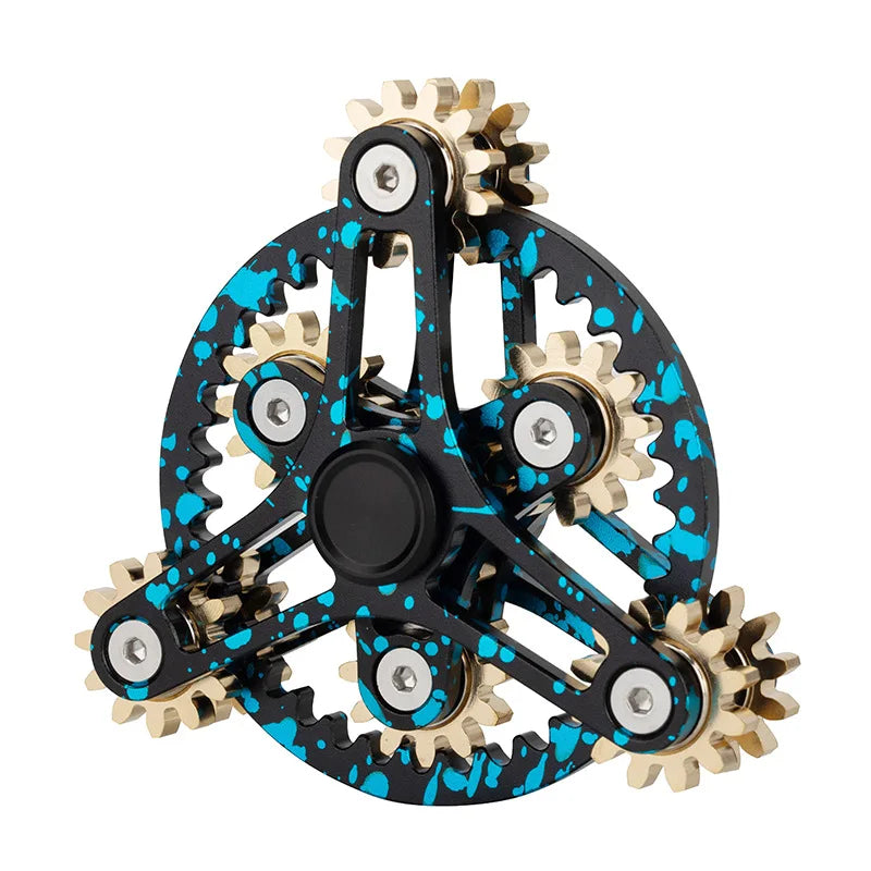 The Bike Chain Metal Fidget Spinner, with a speckled blue and black design and gold gears in a triangular setup, offers stress relief through its 9 interconnected gears. Ideal as an adult stress toy or fun gift.