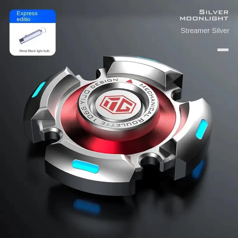 A Silver basic version fidget spinner for adults and kids, designed for stress relief, anxiety, and ADHD relief, with a luminous light, is shown on a dark background. Text reads: Fidget Spinners Metal EDC Hand Spinner Silver Moonlight Streamer Silver.