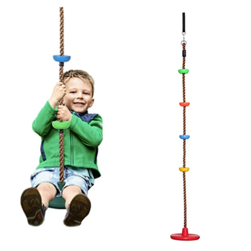 A young boy in a green jacket and shorts swings on the Kids Tree Swing Chair Outdoor Disc Swing for Children, a durable hanging seat for garden or backyard. The swing is also shown hanging vertically by itself against a white background.