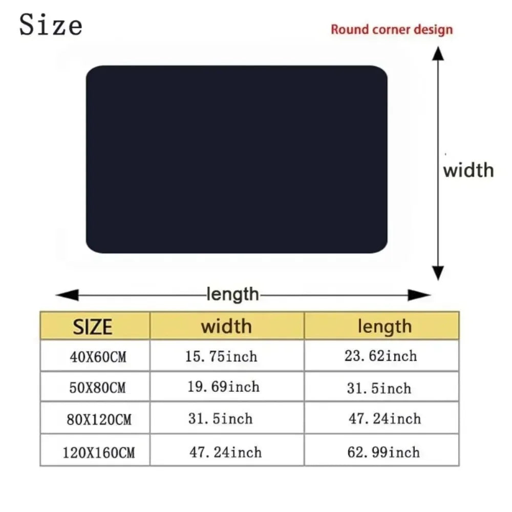 Chart displaying MINISO Cartoon Hopscotch Carpet mat sizes (40x60 cm to 120x160 cm, with inch equivalents), featuring a round corner design. Perfect non-slip play floor mat for kids rooms, study areas, or home decor.