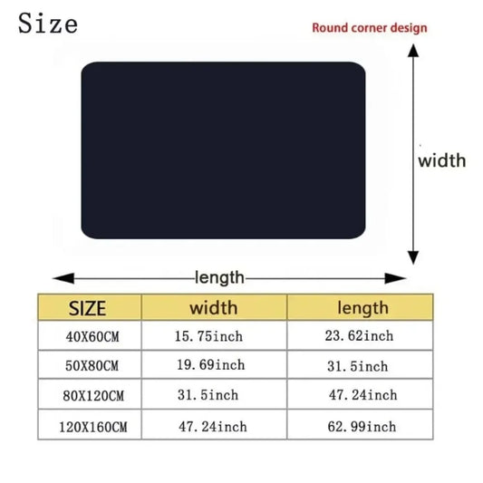 Chart displaying MINISO Cartoon Hopscotch Carpet mat sizes (40x60 cm to 120x160 cm, with inch equivalents), featuring a round corner design. Perfect non-slip play floor mat for kids rooms, study areas, or home decor.