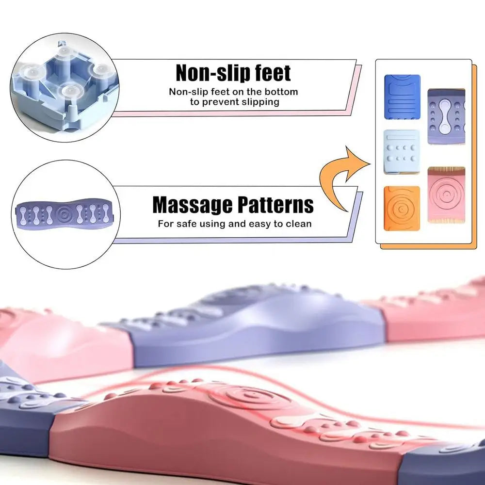 Close-up of a curved, S-shaped Sensory Balance Beam Training Board for Kids with non-slip feet and various massage patterns. Insets highlight safety and easy cleaning, ideal for motor skills development and relaxation.