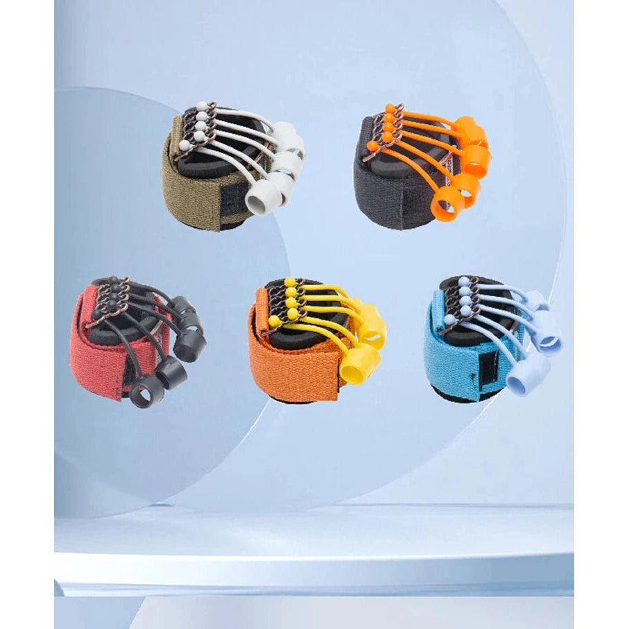 Five color-coded Forearm Grip Strengtheners by Forearm Grip Strengthener - Hand and Finger Trainer for Enhanced Grip Power are shown against a light blue background. Available in red, brown, black, blue, and orange with matching rubber rings and metal springs for strength training.
