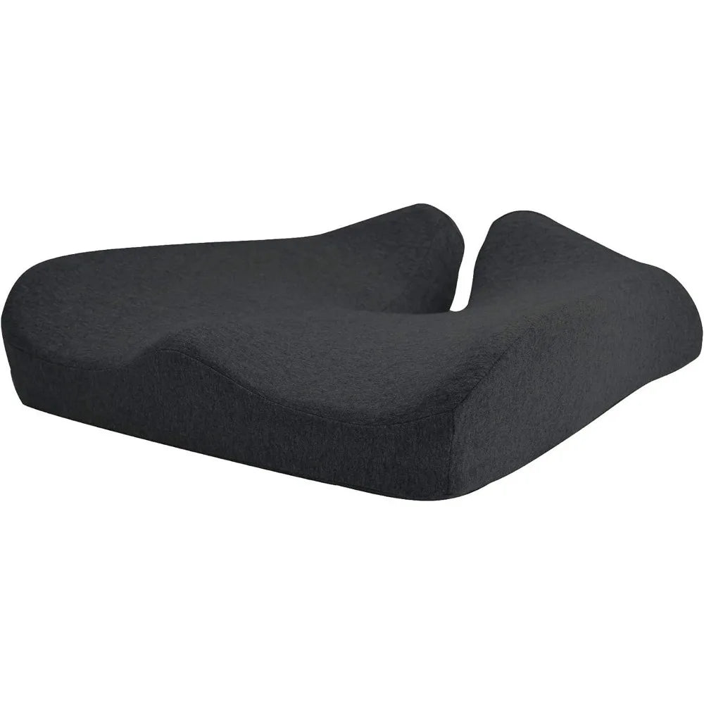 The Cushion Lab Patented Pressure Relief Seat Cushion is designed for long sitting hours on office/home chairs, cars, and wheelchairs. It features a dark gray memory foam with a U-shaped cut for tailbone relief, offering ergonomic support and comfort. The 100% cotton cover adds softness and breathability.