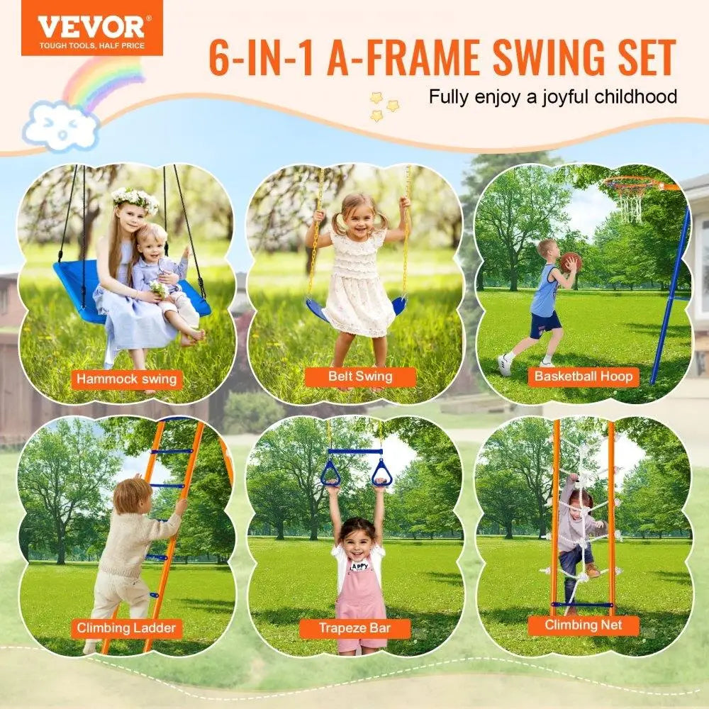 Six images display kids having fun with the for backyard 6 in 1 Metal Swing Set for Kids, featuring a hammock swing, belt swing, basketball hoop, and more. This 440lbs capacity set is easy to assemble and perfect for outdoor play in Mainland China.