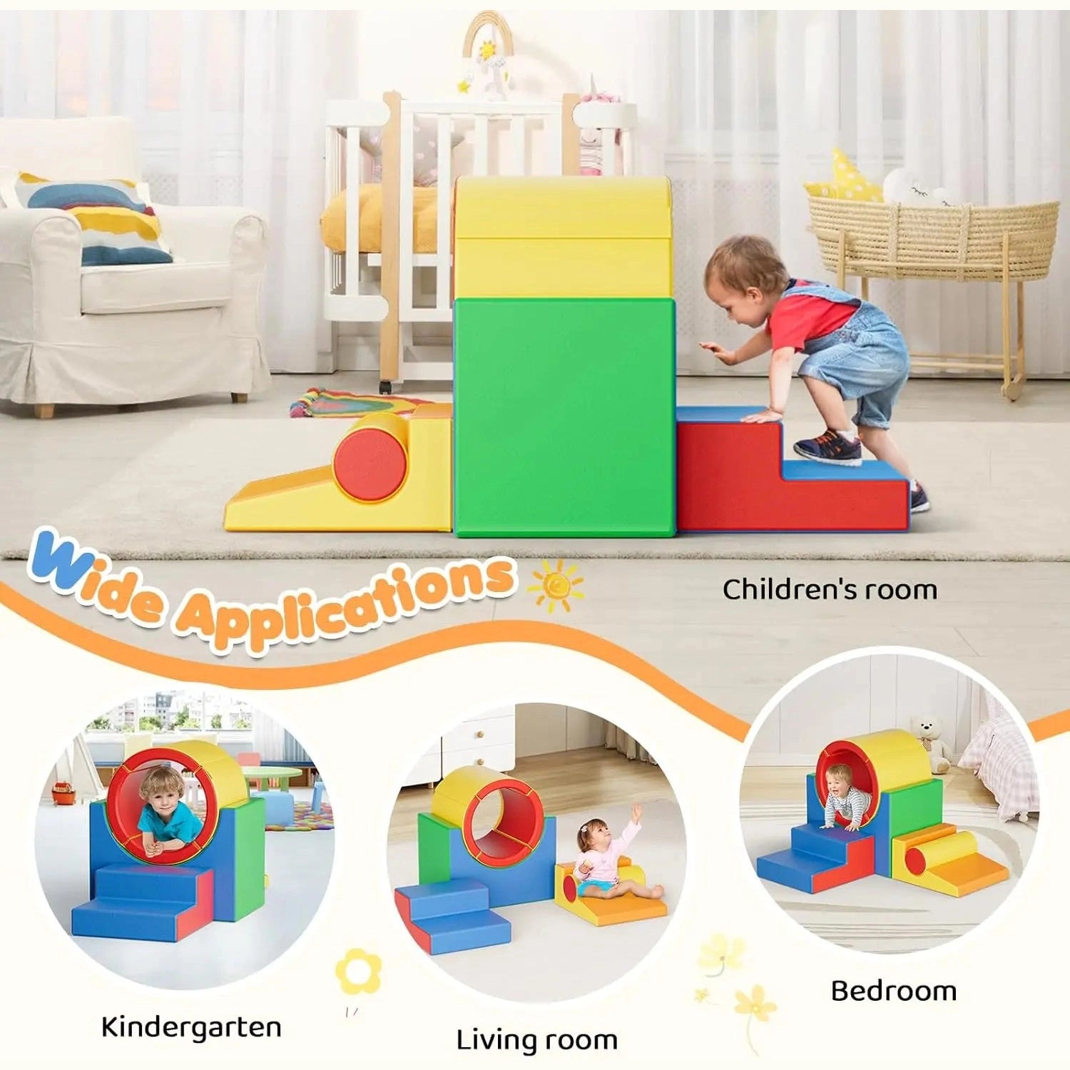 A toddler climbs on Foam Climbing Blocks for Toddlers 1-3, a 5-piece soft play set with tunnel crawling toys. Insets show kids ages 3-12 using the blocks in kindergartens, living rooms, and bedrooms. Text: Wide Applications and Perceptivity Development.