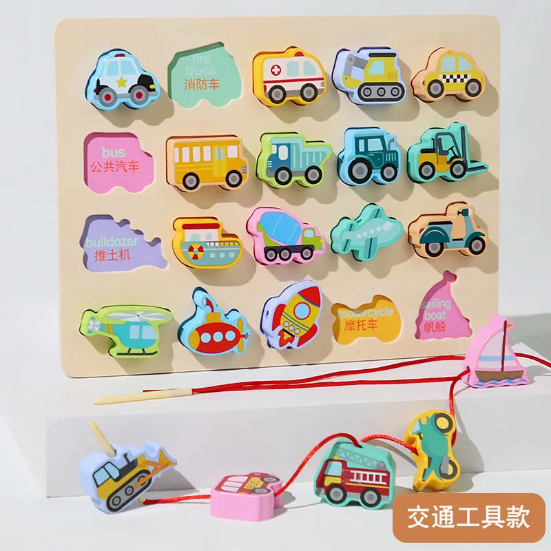 This Traffic-style educational toy is a wooden puzzle board with colorful vehicle pieces like a bus, fire truck, and submarine. Some pieces are attached to a red string, while its bottom right corner includes Chinese text, adding cultural charm.