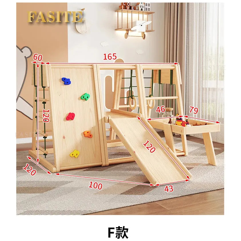 The Versatile Solid Wood Indoor Climbing Frame for Kids’ Sensory Development includes a climbing wall, slide, and swing. Designed with sensory integration in mind, it fits well in rooms with beige walls and curtains, accompanied by a small decorative shelf. Dimensions are in centimeters.