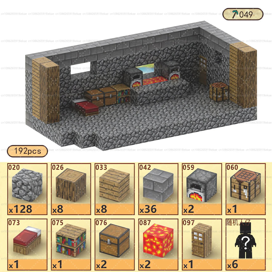 An isometric image of a Minecraft-style stone room built with the Magnetic Building Blocks Mine World Magnet Cube Set (T049-192PCS), featuring furniture and block icons that show the quantity needed for this 192-piece set.