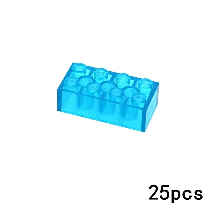 MOC Transparent Bulk Brick Set (1x1, 1x2, 1x4, 2x4) clear building block wall panels compatible with Lego, shown in blue on a white background. Includes 25pcs—ideal for any building block collection or house parts set.