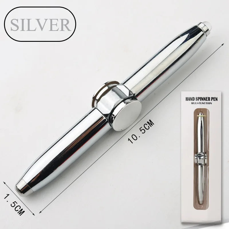 The SILVER 4PCS Rechargeable Metal Fidget Pen with LED & Spinner, each 10.5 cm long and 1.5 cm wide, is shown diagonally; packaging at right reads “Hand Spinner Pen Multi-Function.”.