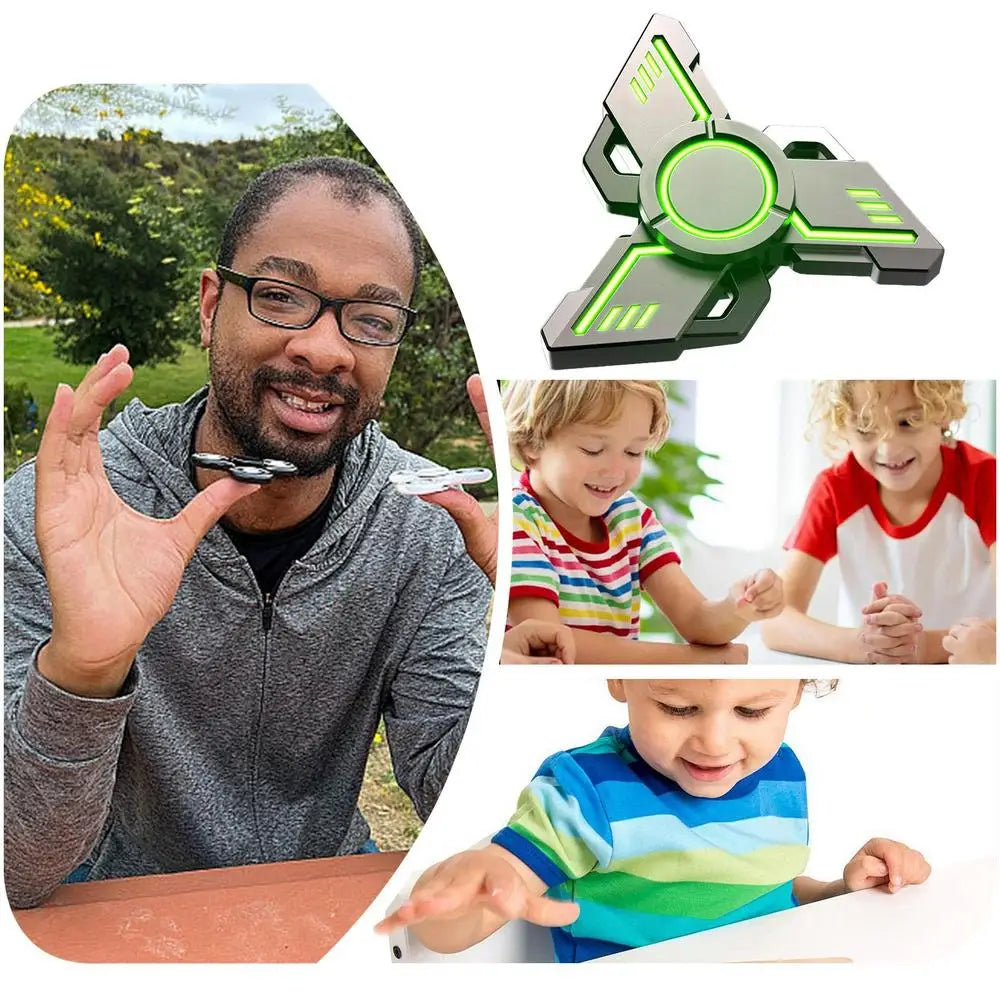 A man smiles while holding a Spinner Gyroscope Toy outdoors, showcasing its focus-enhancing features. Below are images of children enjoying their Spinner Fidget Toy Portable Collectible Gyro, with a green and black version prominently displayed on the right.
