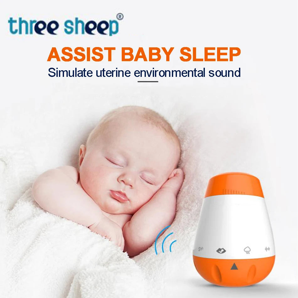 A sleeping baby rests on a soft white surface with an orange and white device—Smart Baby Sleep Helper: White Noise Machine with Voice Sensor for Infants simulating uterine sounds for restful sleep. The text above reads three sheep and Assist Baby Sleep - Simulate uterine environmental sound.