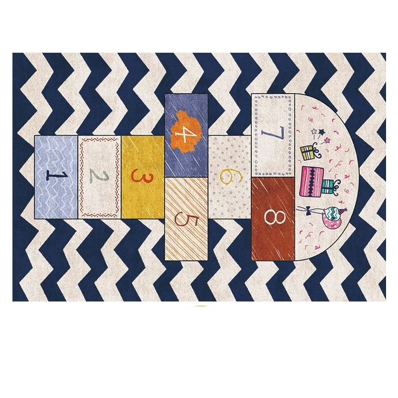 The Childrens Play Hopscotch Carpet in color 05 features blue and white zigzag borders, numbered squares 1-8, and a semicircle with a birthday cake, balloons, and gifts—perfect for playrooms or kids’ rooms.